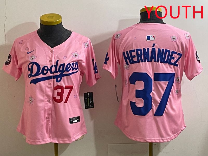 Youth Los Angeles Dodgers 37 Hernandz Pink Sakura Edition 2025 Nike MLB Jersey style 35